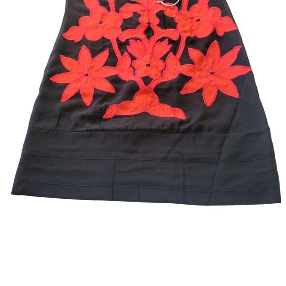 Daforlyn 100% Silk Mini Dress Size XS Black Red Floral Applique Semi Sheer Artsy - Picture 4 of 11